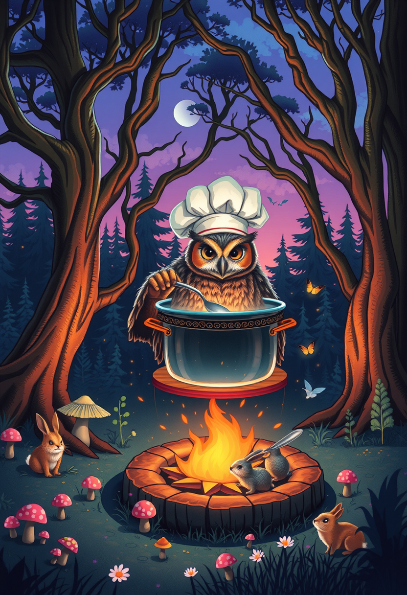 A magical forest scene with an owl cooking